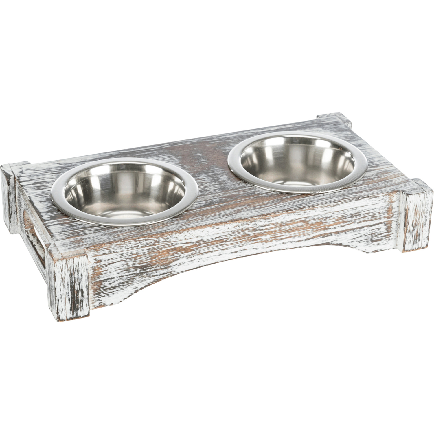 Set Comederos Acero Inox./Madera, 2×0,2l / ø10 cm, 30×5×16 cm, Blanco