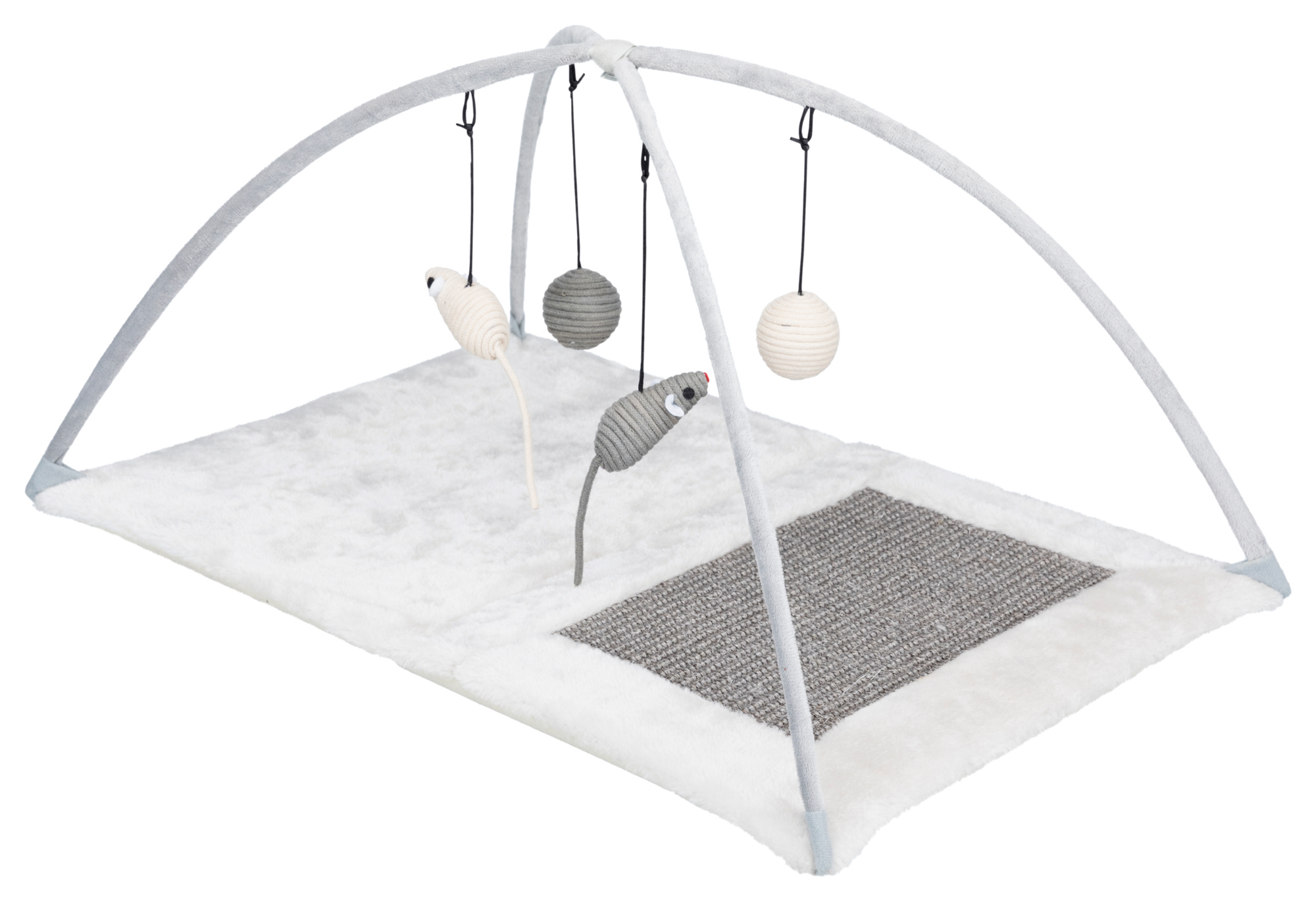 Alfombrilla rascadora con juguetes colgados JUNIOR, 60 × 33 × 42 cm, Gris/Gris Claro