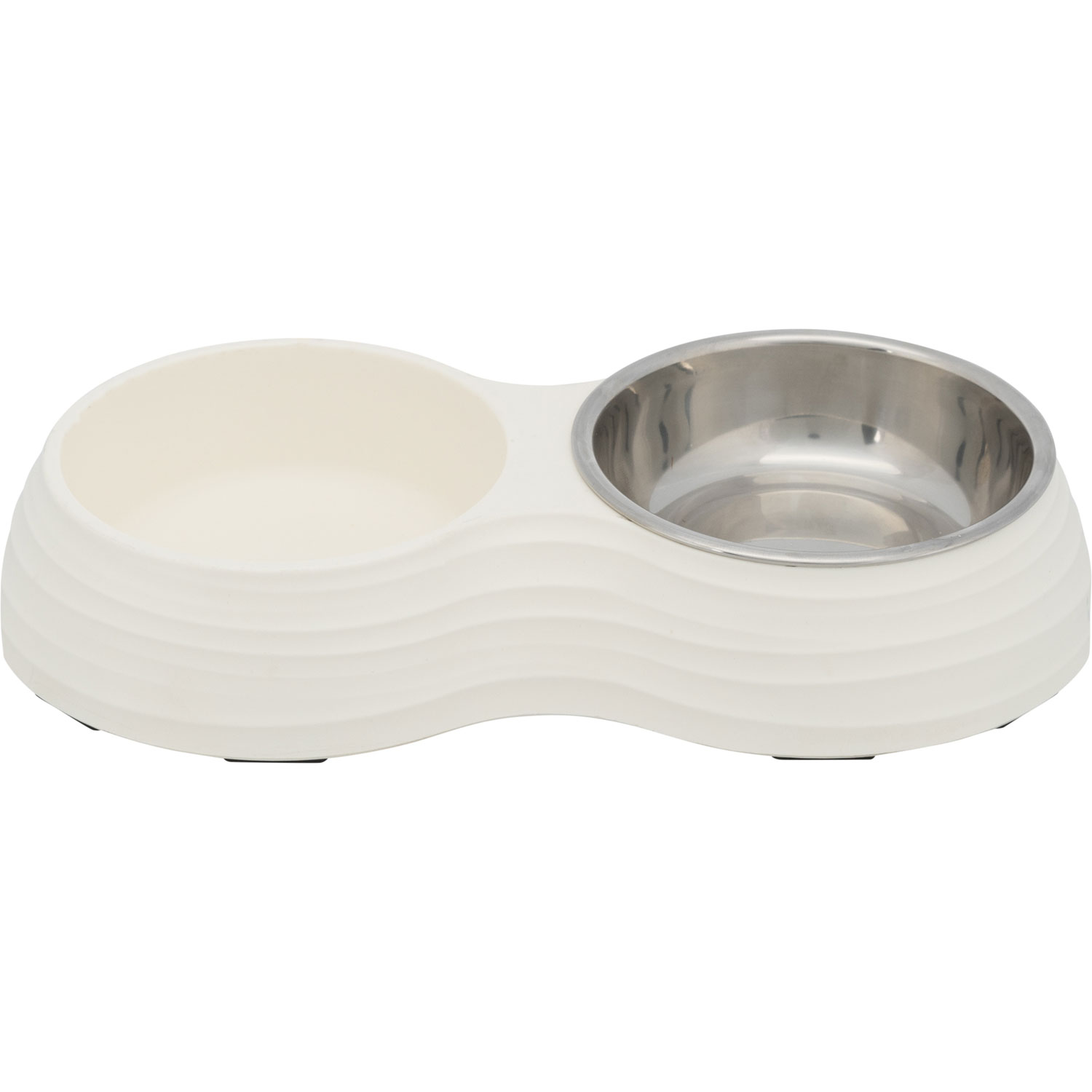 Set Comedero, Melamina/Acero Inoxidable, 2 × 0.2 l/ø 11 cm/25 × 4 × 14 cm, Blanco