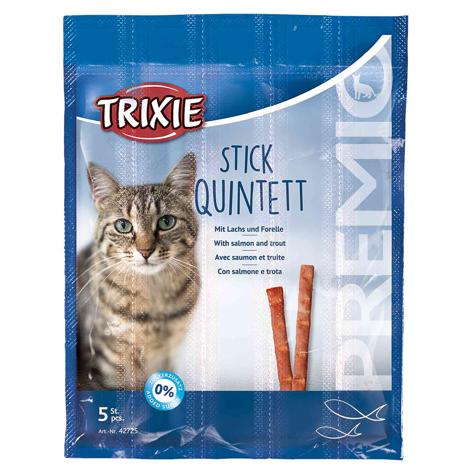 Snack PREMIO Quadro-Sticks, Salmón-Trucha, 5 × 5 g