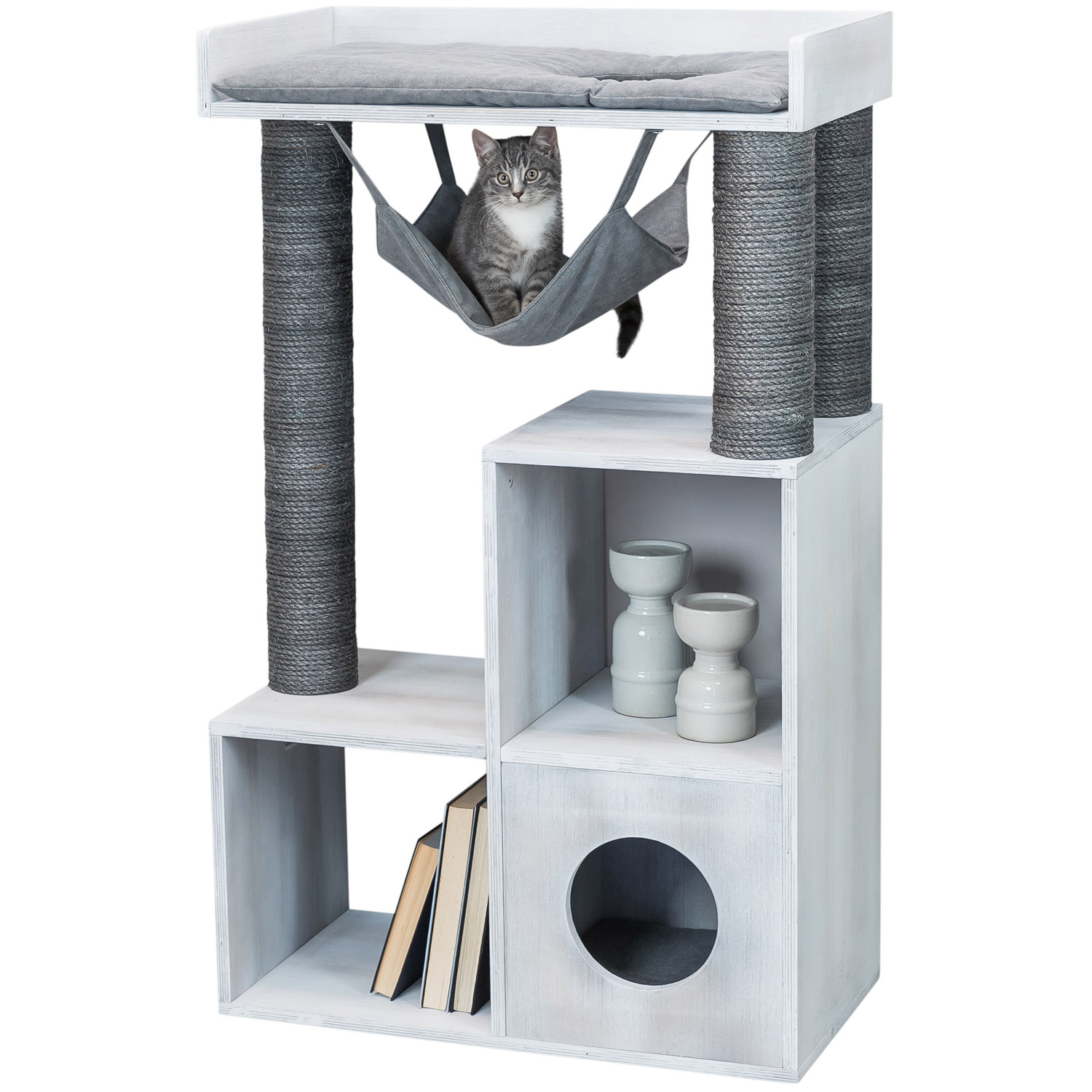 Poste de rascado con función de estantería, Gris, 72 × 110 × 38 cm