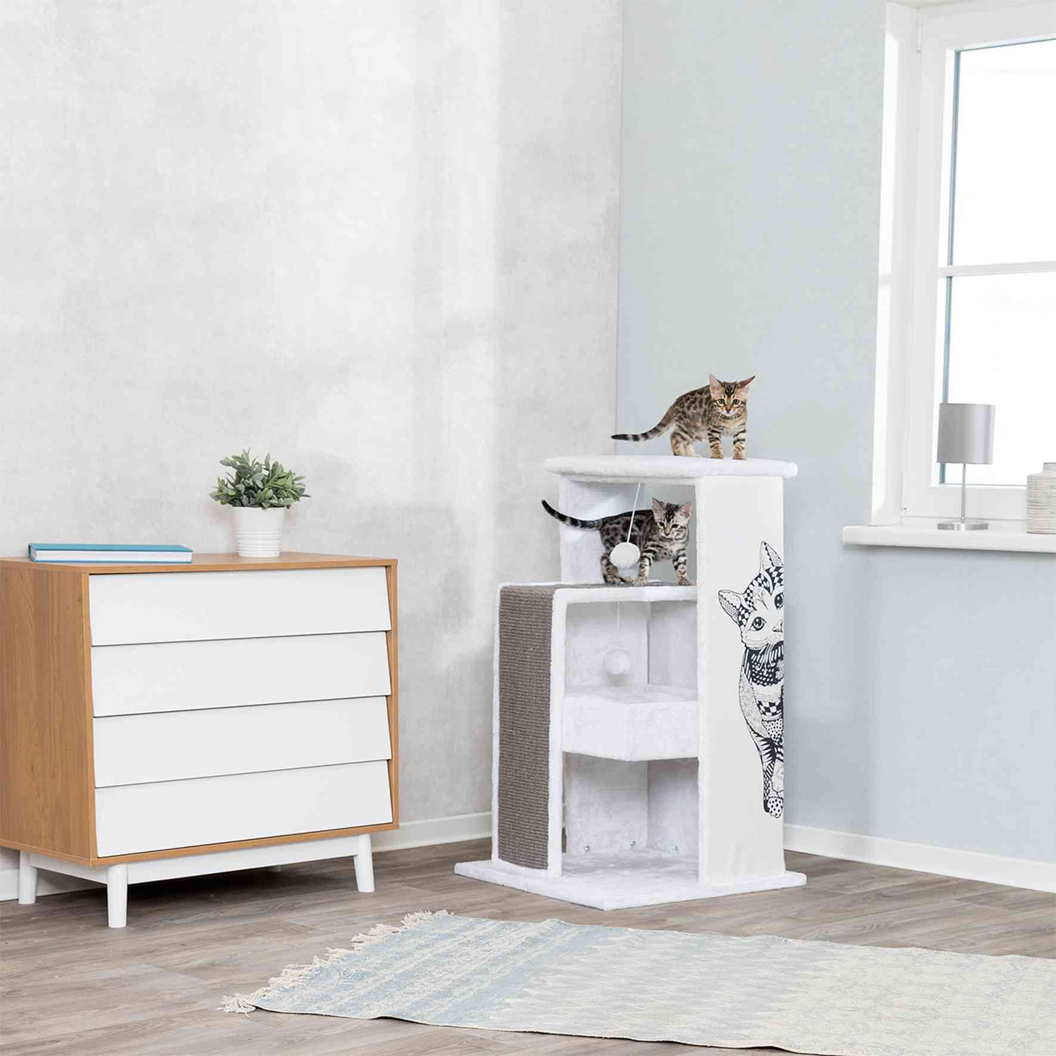 Poste rascador Maria, 101 cm, Blanco-Gris